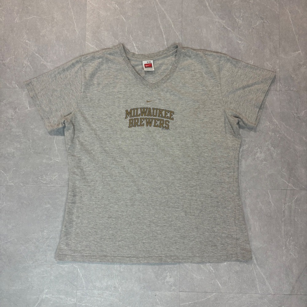 Nike Team Milwaukee Brewers V-Neck T-Shirt Womens XXL Gray MLB Graphic Tee